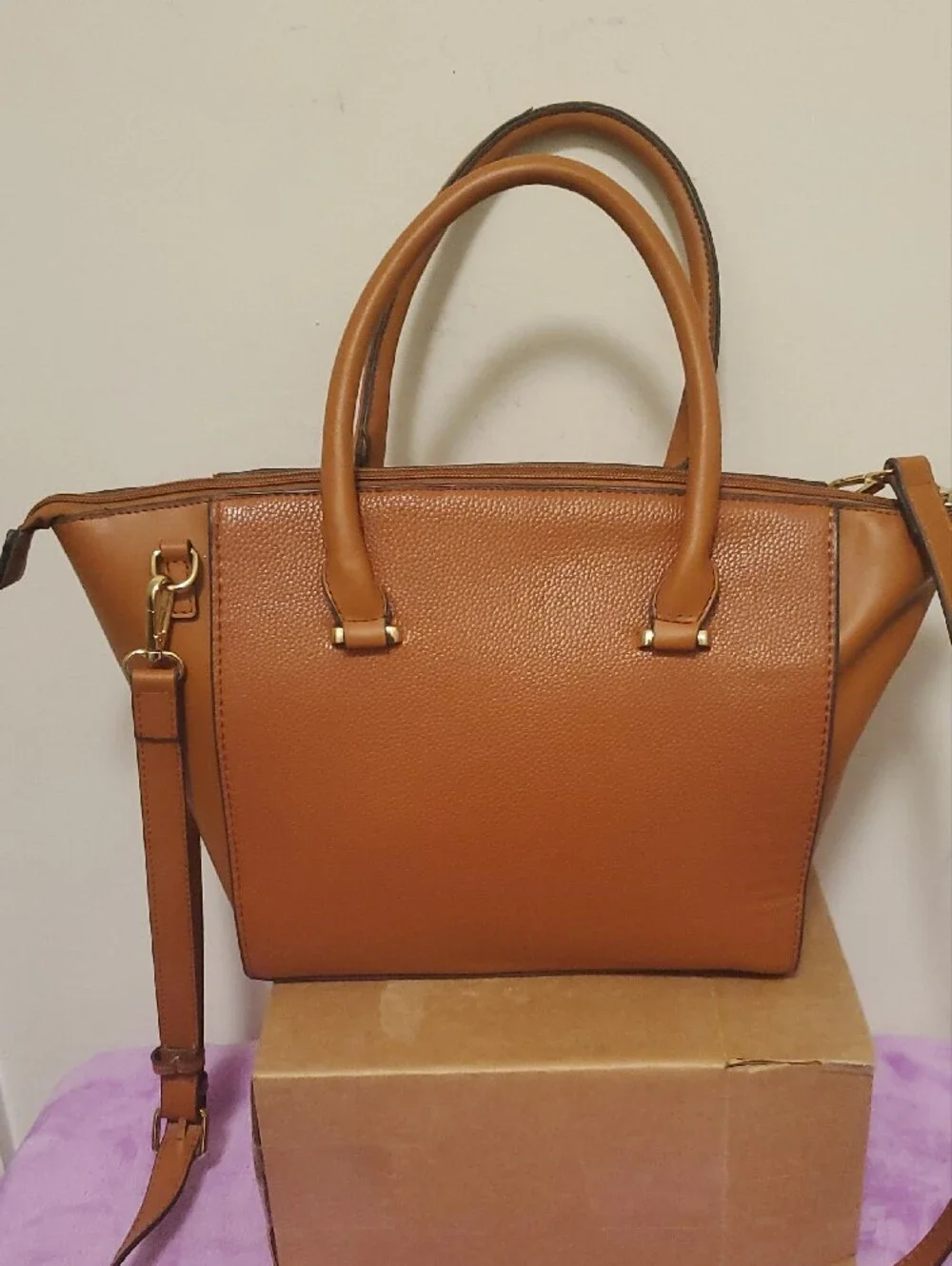 Ellen Tracy Cognac Brown Leather Satchel with Gold Hardware